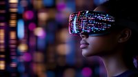 Young Asian woman wearing futuristic Vpatterns against dark background with colorful bokeh lights, side profile view.