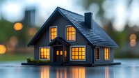 Cozy dark house model with glowing windows at dusk, illuminated miniature home on reflective surface creating peaceful atmosphere. Perfect for real estate concepts.