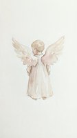 Watercolor angel child with spread wings in soft pastel tones on textured paper background for spiritual and religious themed designs.