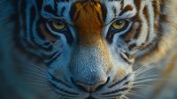 Intense close-up of tiger eyes and nose with dramatic lighting highlighting facial features, whiskers and striped fur pattern in deep blue tones creating mysterious atmosphere.