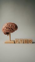 Anatomical brain model on a stand beside wooden blocks spelling PTSD, representing post-traumatic stress disorder awareness and mental health concepts.