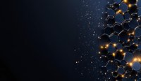 Glowing hexagonal molecular structure with golden light connections on dark background, scientific concept visualization for chemistry and technology.