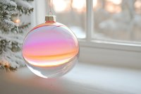 Iridescent glass Christmas ornament with pink and orange gradient reflections catching winter light near frosted window, creating dreamy holiday atmosphere.
