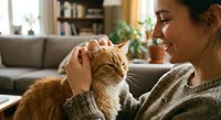 Young woman cuddling orange tabby cat in cozy living room. Pet owner bonding with feline companion at home. Domestic lifestyle moment with affectionate interaction.