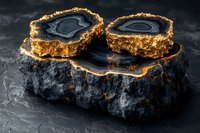 Black agate crystal slices with golden edges displayed on dark stone surface, dramatic lighting highlights natural mineral patterns and luxurious metallic details.