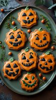 Halloween pumpkin cookies with orange frosting and jack-o-lantern faces arranged on green plate with festive decorations for autumn celebration treats.