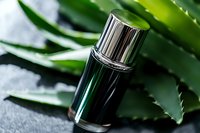 Green glass cosmetic bottle with metallic cap on dark background with fresh aloe vera leaves, natural skincare and beauty product photography.