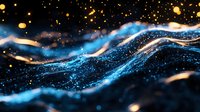 Abstract glowing blue waves with golden particles floating against dark background, dynamic flowing motion with sparkles and light effects creates futuristic atmosphere.
