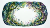 Enchanted forest frame with glowing fairy lights, magical trees, flowers, and tiny fairies, forming an oval border with white copy space center.