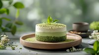 Layered green matcha mousse cake with white cream and powder garnish on ceramic plate, styled with fresh leaves and flowers in soft natural light.