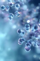 Glowing molecular structure with connected spherical particles on blue background, featuring iridescent reflections and soft bokeh effects for science concepts.