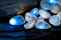 Moonstone gemstones with blue iridescent flash on dark stone background, natural mineral specimens displaying adularescence and optical phenomena in macro.