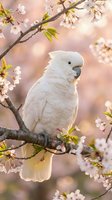 White cockatoo parrot perched on blooming cherry blossom branch with soft pink bokeh background creating dreamy spring atmosphere for nature photography.
