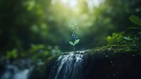 Magical small plant growing on mossy waterfall with glowing particles rising in sunlight, creating ethereal nature scene for environmental concepts.