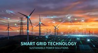 Smart grid technology concept with wind turbines and power lines at sunset, featuring digital connectivity icons for sustainable energy management.