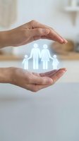 Protective hands surrounding glowing family icon symbolizing life insurance, healthcare coverage, and financial security for loved ones.