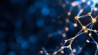 Glowing neural network connections on dark blue background with bokeh effect illustrates artificial intelligence and deep learning concepts in modern technology.