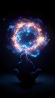 Man sitting in lotus position contemplating glowing cosmic nebula ring, combining spiritual meditation with space exploration themes in dark setting.