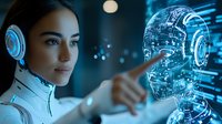 Young Asian woman in white uniform interacting with glowing blue holographic artificial intelligence head projection in futuristic technological environment.