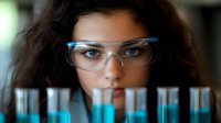 Young female scientist with protective eyewear examining row of test tubes containing blue liquid in research laboratory setting. Professional medical research concept.