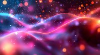 Vibrant abstract background with glowing neon waves and bokeh lights in pink, purple, and orange colors against dark cosmic space with sparkling stars and particles.