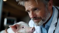 Mature male veterinarian in white coat examining young pink piglet at farm clinic, showing professional care and attention during medical checkup. Represents animal healthcare.