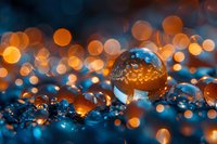 Macro water drop reflecting orange bokeh lights against dark blue background creates magical atmosphere with glowing orbs and reflections.