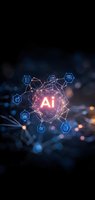 Glowing AI symbol surrounded by connected network nodes and technology icons on dark background with bokeh effect for digital transformation concepts.