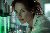 Young female scientist in white lab coat examining glowing green liquid in laboratory equipment with focused expression and professional demeanor.
