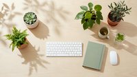Modern minimalist workspace with houseplants, wireless keyboard, mouse and sage green notebook on wooden desk with natural sunlight shadows.