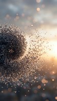 Dynamic explosion of dark particles dispersing against warm bokeh background with golden sunset light creating motion and energy for creative projects.