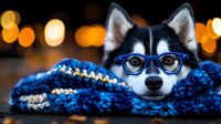 Adorable husky puppy wearing glasses wrapped in blue knitted scarf against blurred bokeh lights background, creating cozy autumn or winter mood.