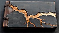 Leather wallet with golden kintsugi style cracks and repairs, showcasing Japanese art technique on dark brown surface. Artisanal craftsmanship meets modern design.