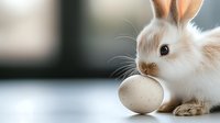 Adorable white bunny rabbit with long ears examining a speckled egg against soft blurred background, perfect for Easter holiday themes or pet concepts.