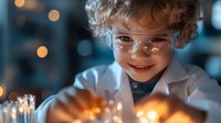 Young curly-haired child in safety glasses and white lab coat conducting science experiment with glowing lights and laboratory equipment, expressing joy and wonder.