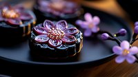 Elegant chocolate desserts with intricate floral designs on dark plate, gourmet confectionery art for luxury dining and culinary presentations.