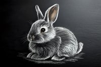 Gray bunny rabbit drawing on black background, detailed fur texture and expressive eyes create dramatic contrast for greeting cards or nature illustrations.