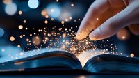 Magical glowing sparkles rising from open book pages as hand touches mystical illuminated story. Enchanting bokeh lights create dreamy atmosphere for fantasy and education concepts.