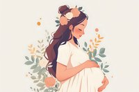 Gentle illustration of pregnant woman in white dress with floral crown and botanical elements in soft peach and sage green tones, side view maternal portrait.