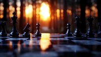 Chess pieces on board against dramatic sunset through forest trees, creating atmospheric silhouettes with golden light reflection on checkered surface.