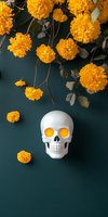 White skull with glowing yellow eyes surrounded by bright marigold flowers against dark green background, creating dramatic contrast for Day of Dead celebration.