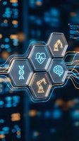 Futuristic hexagonal interface displaying medical and industrial icons with glowing blue circuits against blurred city lights background for tech presentations.
