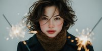 Young Asian woman with curly brown hair holding sparklers celebrating New Year or holiday season wearing cozy winter sweater with warm bokeh lights.
