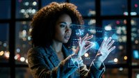 Young woman with curly brown hair and medium skin tone interacting with holographic digital interface displaying data analytics and technology solutions for business applications.