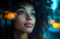 Young African American woman with natural curly hair gazing upward against blurred turquoise and orange bokeh lights background, expressing hope and contemplation.