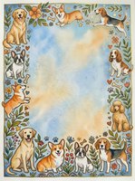 Watercolor dog breeds border frame with golden retriever, corgi, beagle, french bulldog and poodle surrounded by floral elements and paw prints on blue sky background.