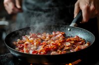 Sizzling bacon strips cooking in cast iron pan with rising steam and smoke, closeup view of crispy meat preparation on stovetop with hands holding skillet.