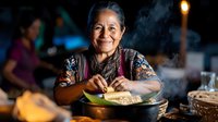Senior Asian woman with gray hair and warm smile preparing traditional food in large wok at night, steam rising, wearing patterned shirt, cooking for family gathering or restaurant kitchen setting.