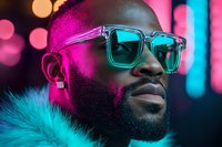 Young African American man wearing stylish transparent sunglasses in neon lighting, with turquoise fur collar and beard, against blurred bokeh background in pink and blue colors.