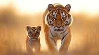 Bengal tiger mother and cub walking together through tall grass during golden sunset hour, showcasing protective parental behavior and natural wildlife interaction.
